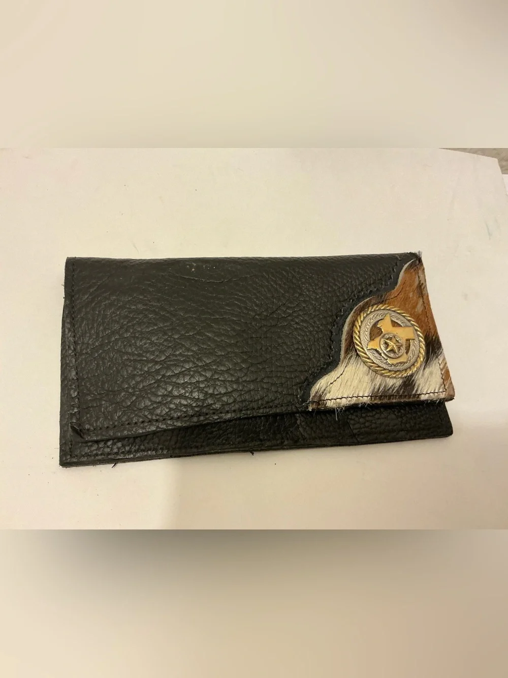 Black Leather Wallet with Cowhide Accent and Brass Medallion